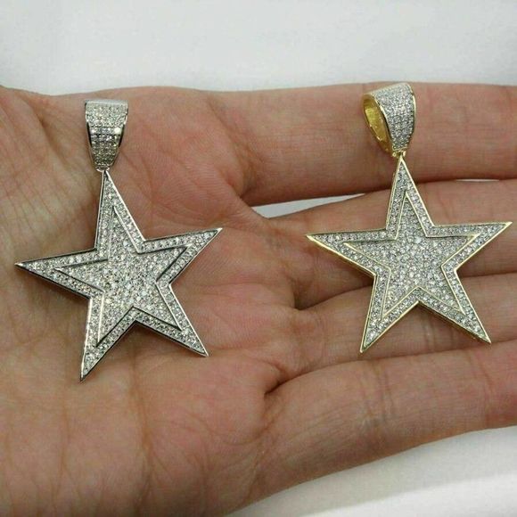 Solid 925 Silver Real Hip Hop Diamond Star Pendant - Picture 4 of 5